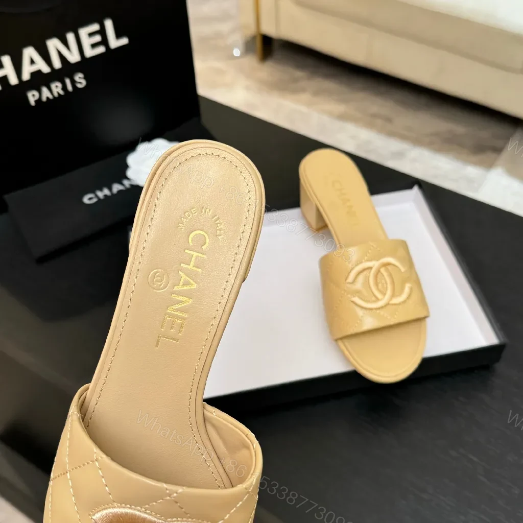 View 5 of Quilted Nude Slide with Logo Accent, Mid-Heel, Luxe Style