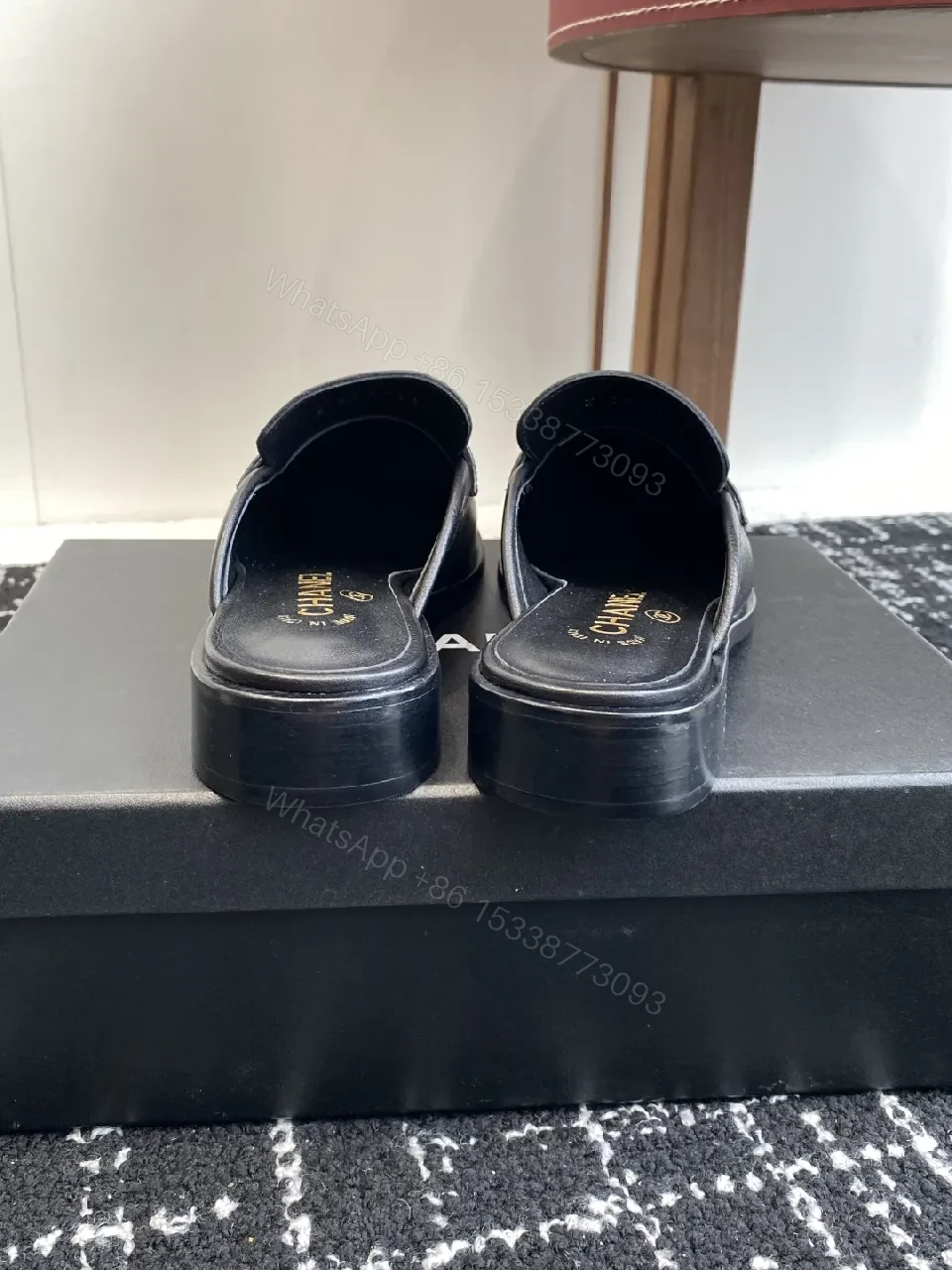 View 4 of Black Leather Slides with Logo Straps - Luxe Everyday Comfort