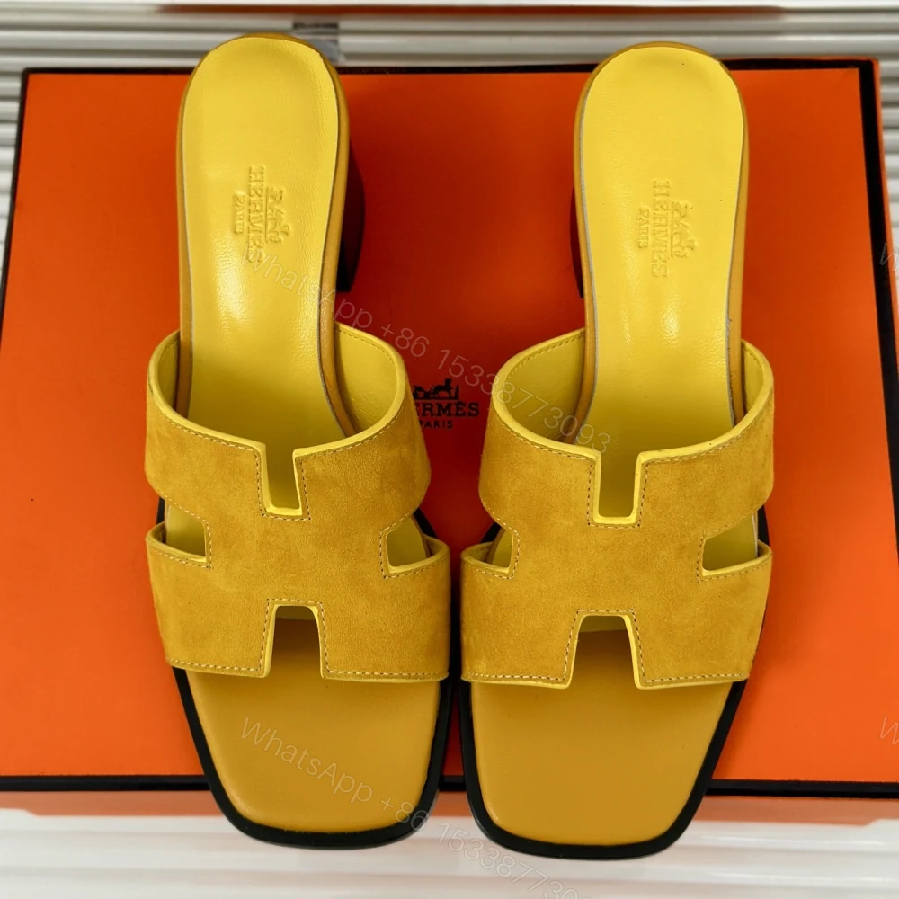 高仿Hermes*H241233ZCH經典H中踭拖鞋羊京面料黃色5CM免檢版 — view 1
