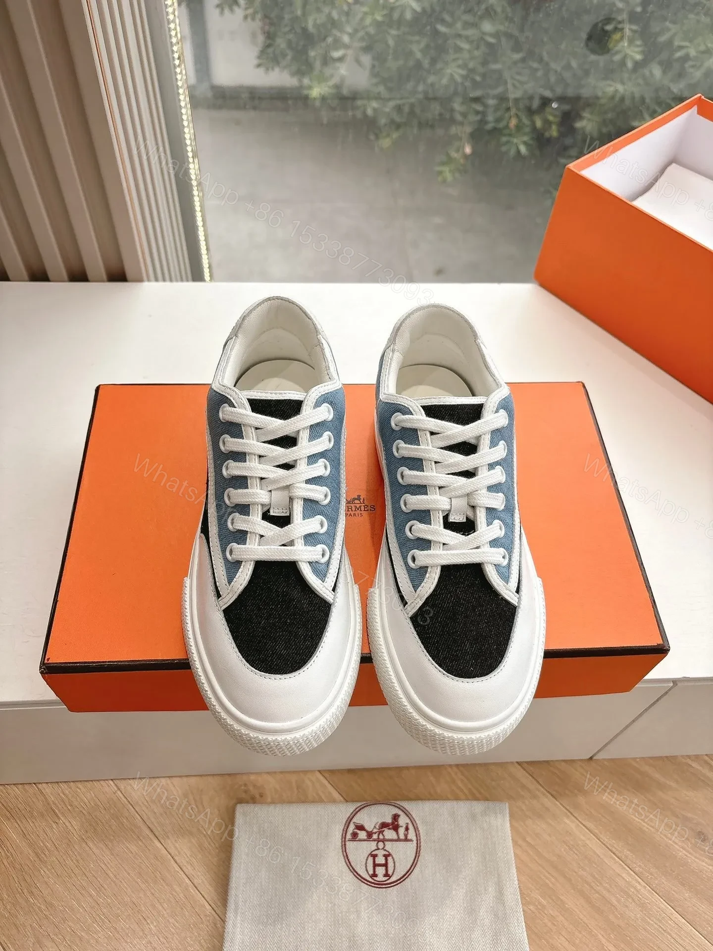 View 5 of Hermes Women Black Blue Canvas And Leather Sneakers