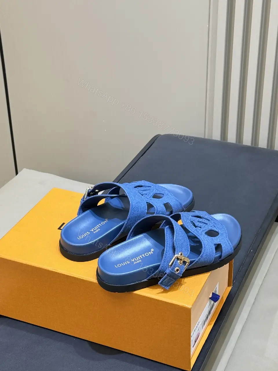 View 5 of Blue Denim Luxury Sandals, Louis Vuitton Style, Open Toe Slides