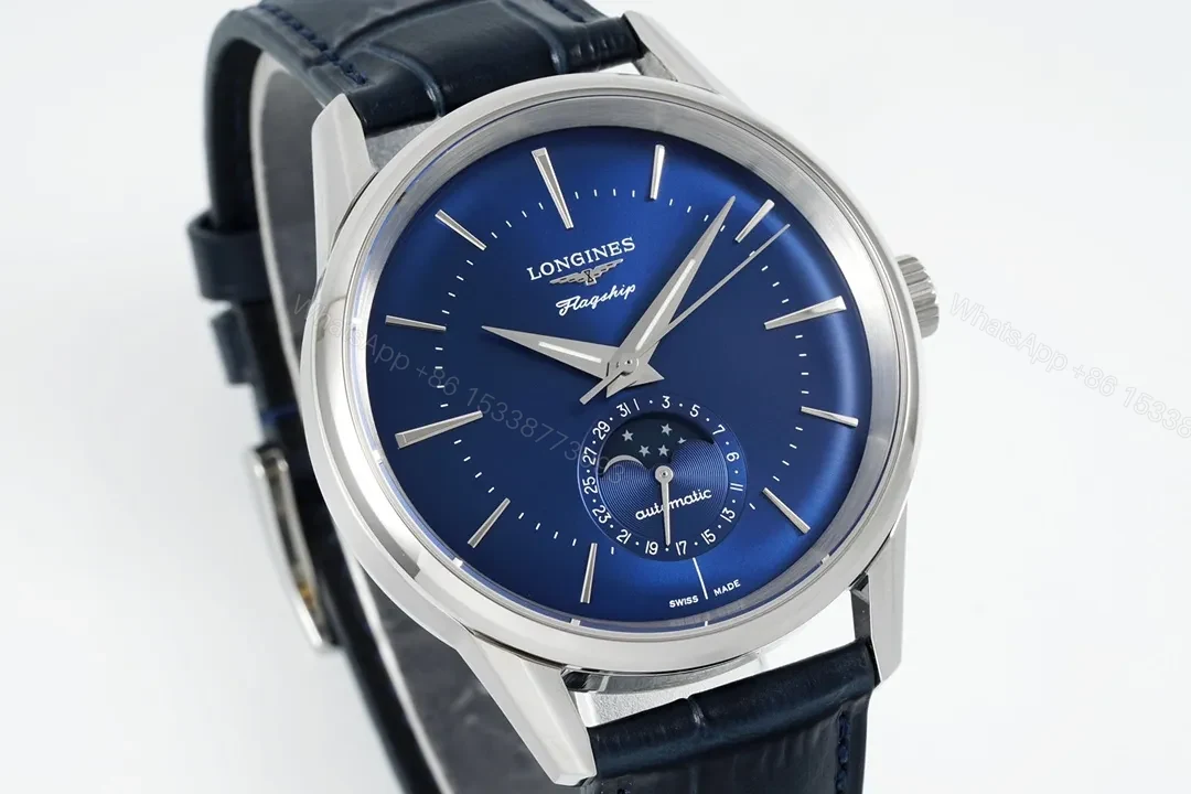 View 3 of Longines Classic Flagship Blue Dial Moon Phase Automatic Watch with Leather Strap