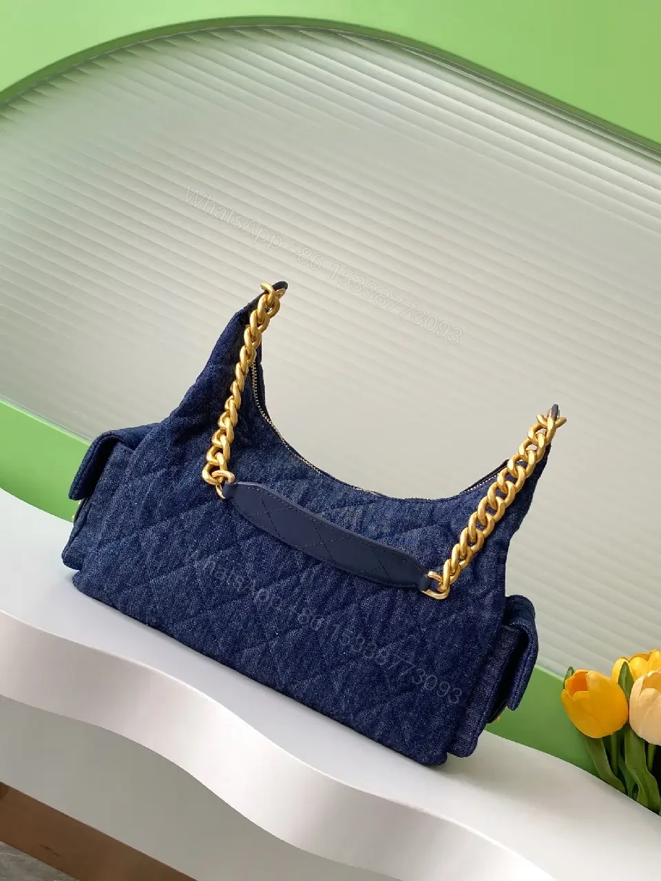 View 3 of Denim Texture Shoulder Bag with Gold Hardware, Luxe Style