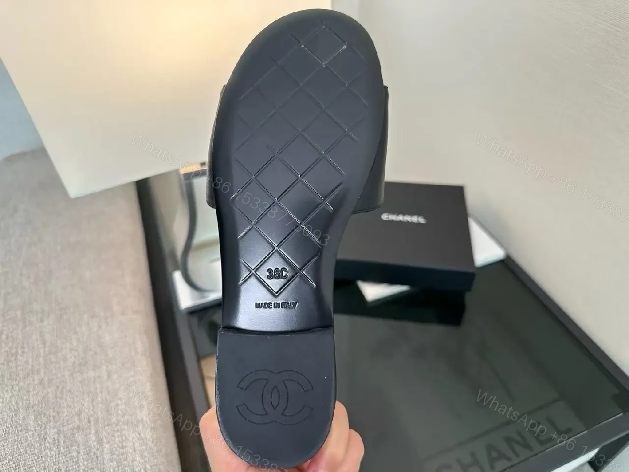 View 9 of Quilted Quinn Slides: Black + Gold Logo, Ultra-Comfort Slide