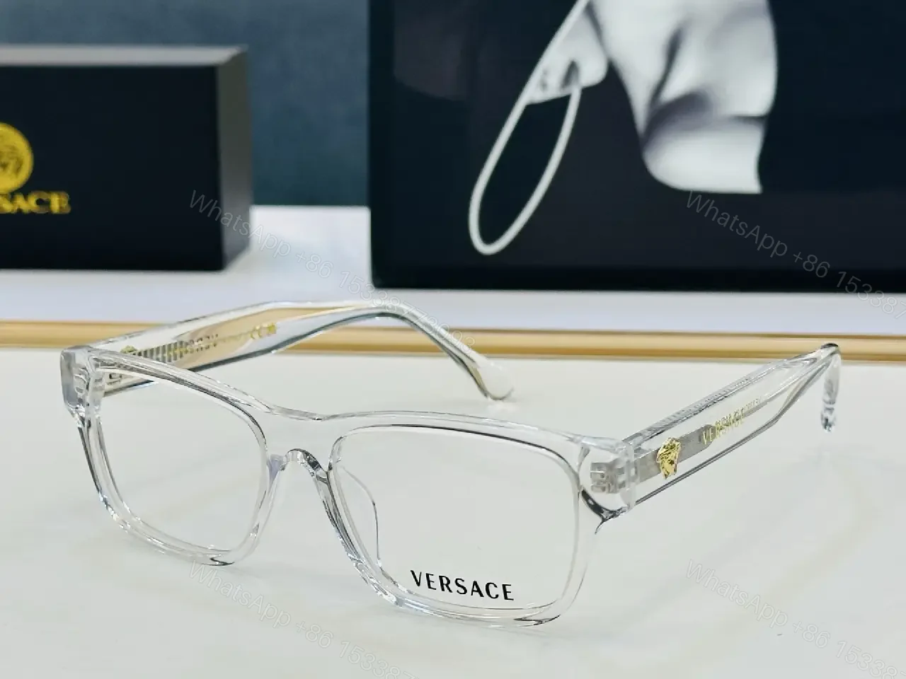 View 3 of Bold Black Acetate Square Glasses with Gold Logo Emblems