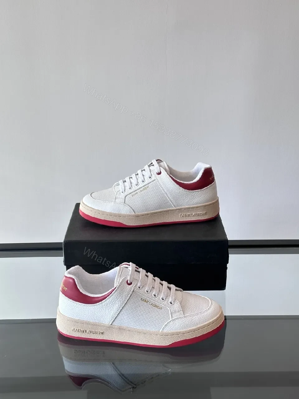 View 2 of White Leather Low-Top Sneakers with Rose Accents, Modern Comfort