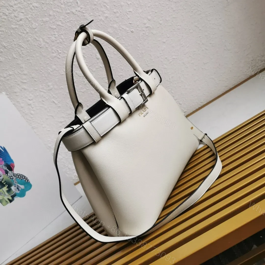 View 2 of Prada White/Black Prada Buckle small leather handbag with belt