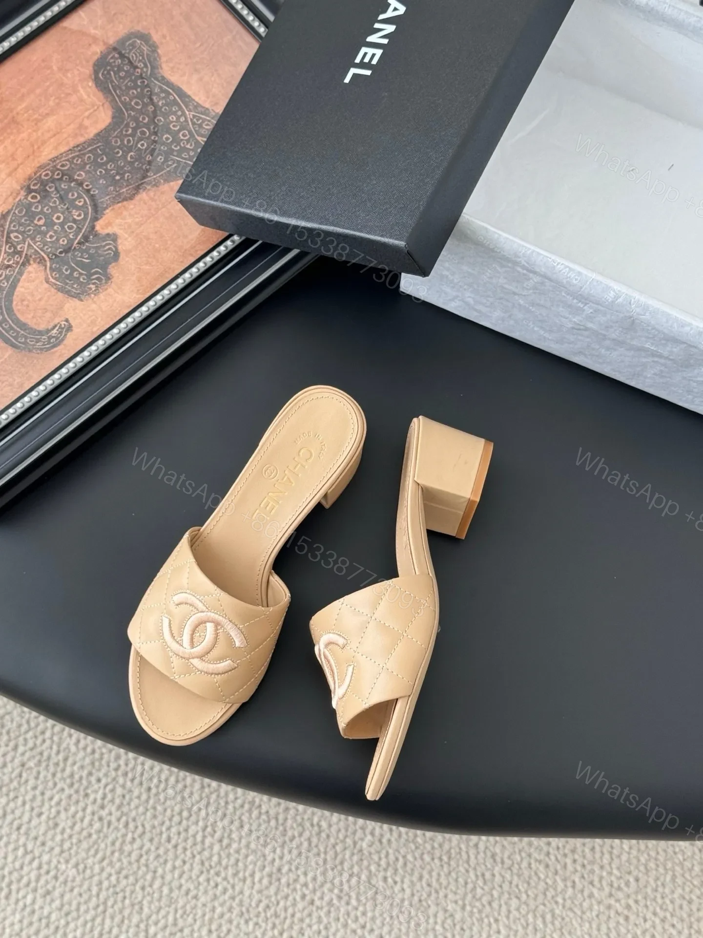 View 3 of Chanel Women Beige Leather Quilted Slides