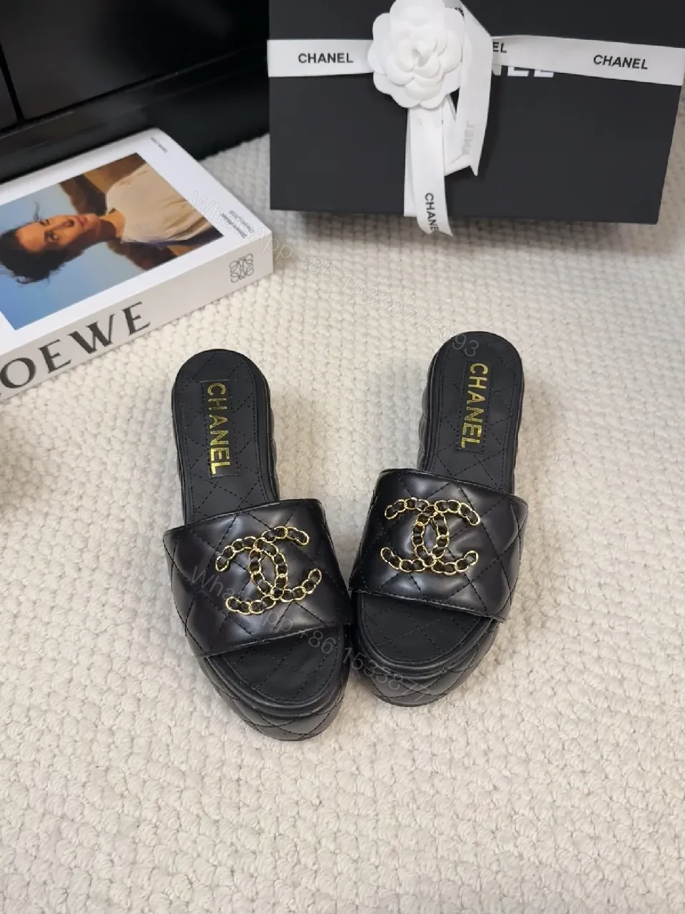 View 6 of Chic Quilted Mules: Black Vegan Leather, Gold Logo Slide