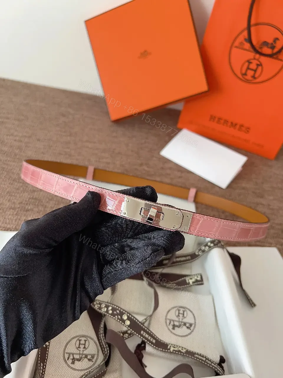 View 4 of Light Pink Croc-Embossed Leather Double-Strap Watch Band