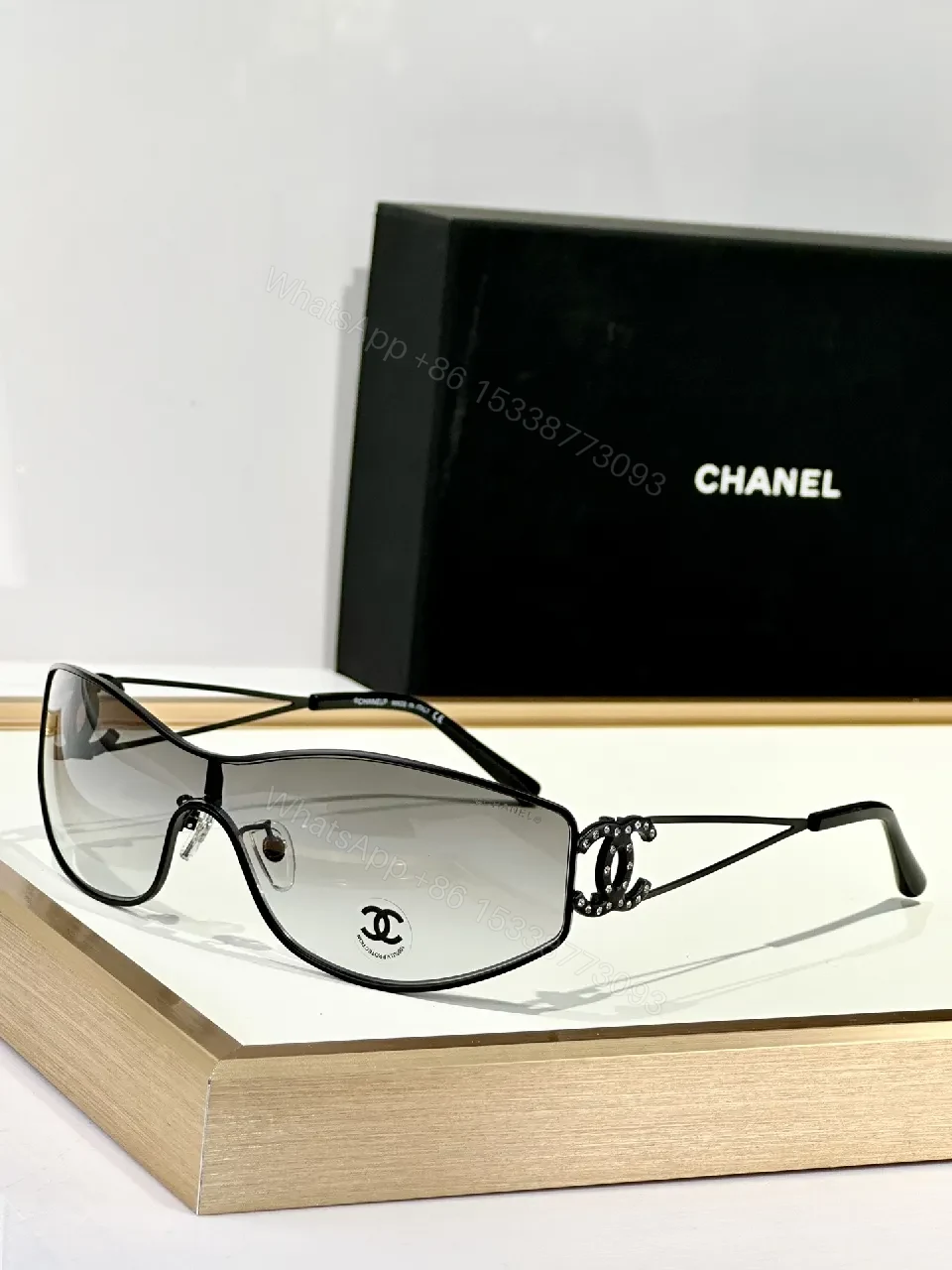 View 9 of Elegant Shield Sunglasses: Crystal-Detail Luxe Shield Glasses