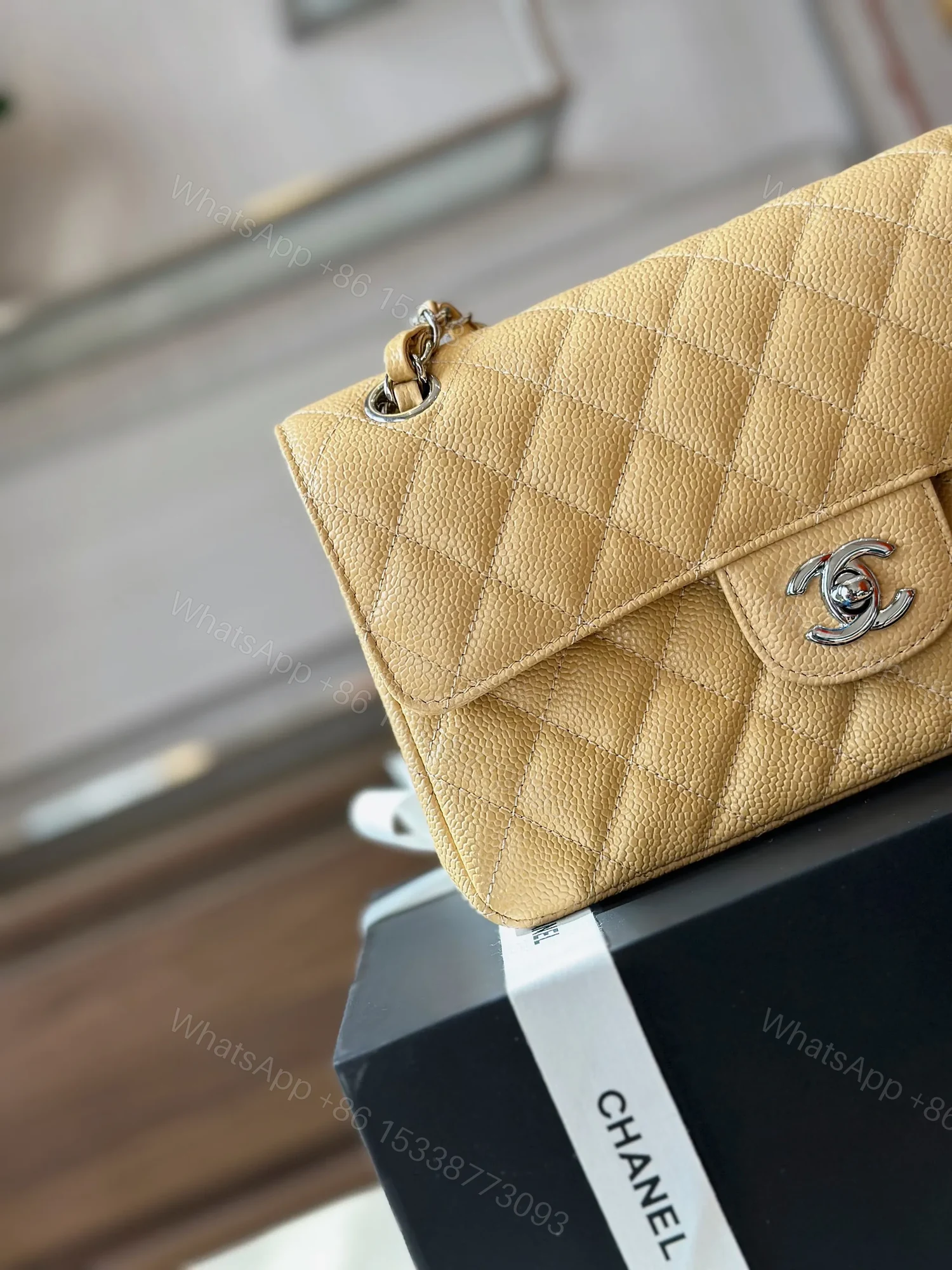 View 7 of Chanel Classic Like Auth Handbags Beige Leather With Lizard Skin 23cm