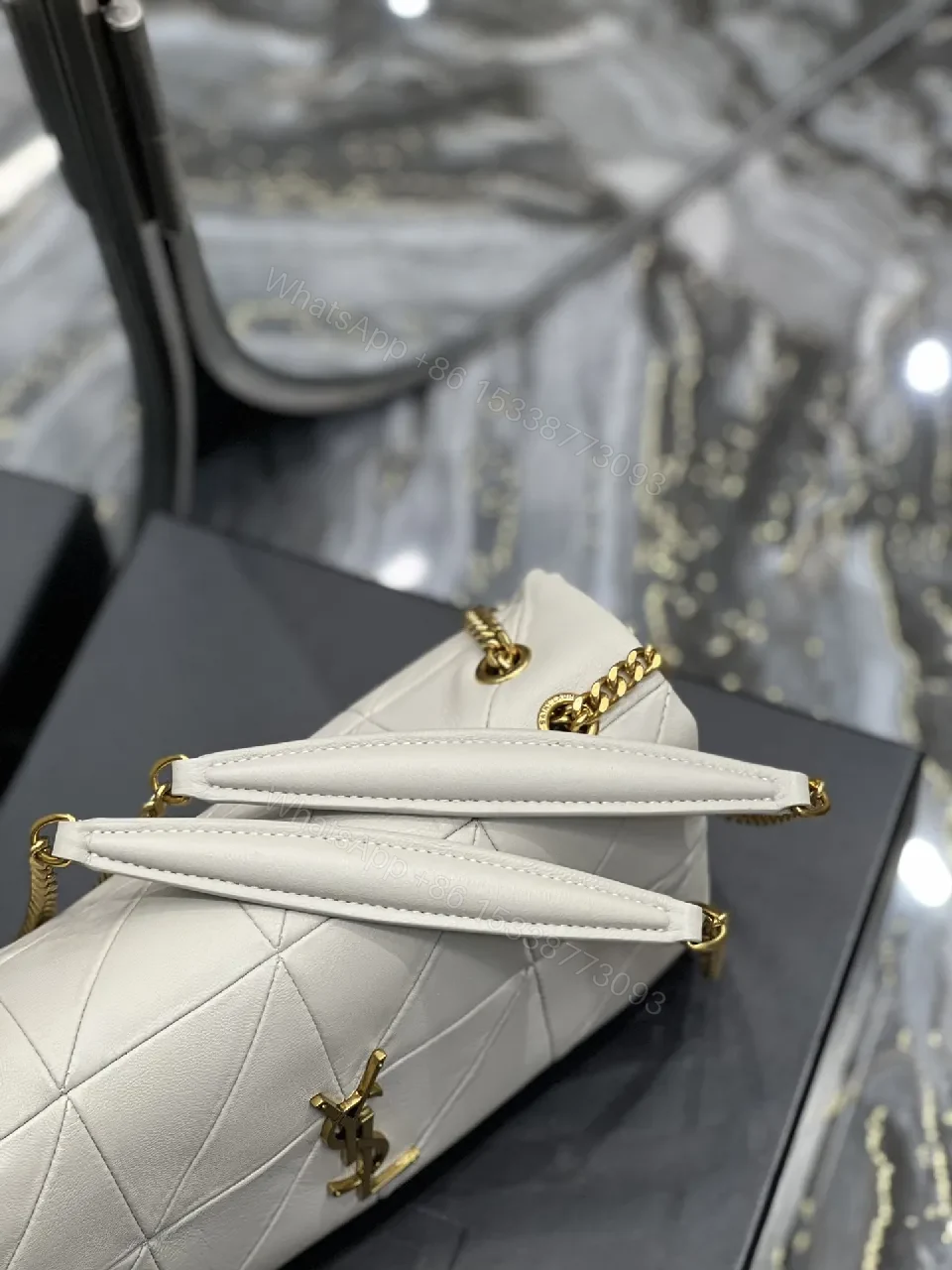 View 6 of Quilted Neutral Crossbody Bag — Gold Chain, Subtle Luxe