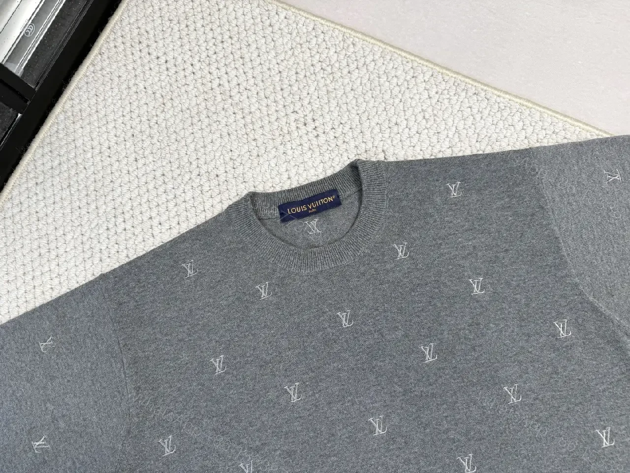 View 9 of Charcoal Knit Crewneck Sweater: Subtle Logo Texture, All-Season Comfort