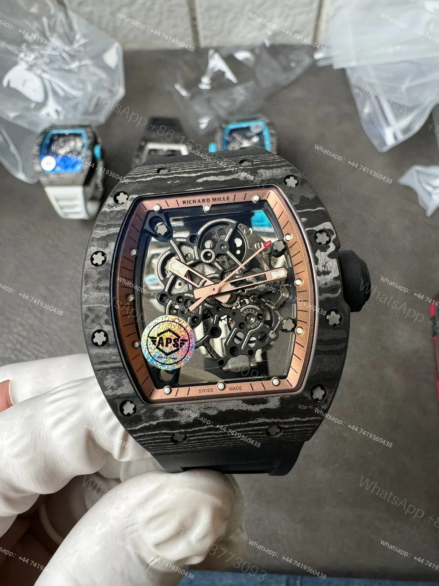 View 4 of Super Clone Richard Mille RM 055 Carbon TPT Rose Gold Skeleton 1:1 Replica Watch