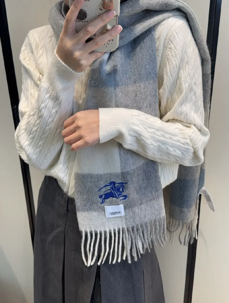 View 3 of Soft Gray Plaid Wrap Scarf – Luxury Knit Wrap with Fringe