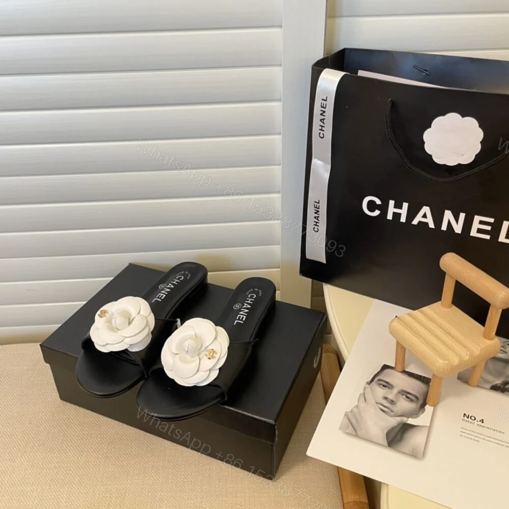 View 2 of Chanel White Camellia Slides Black