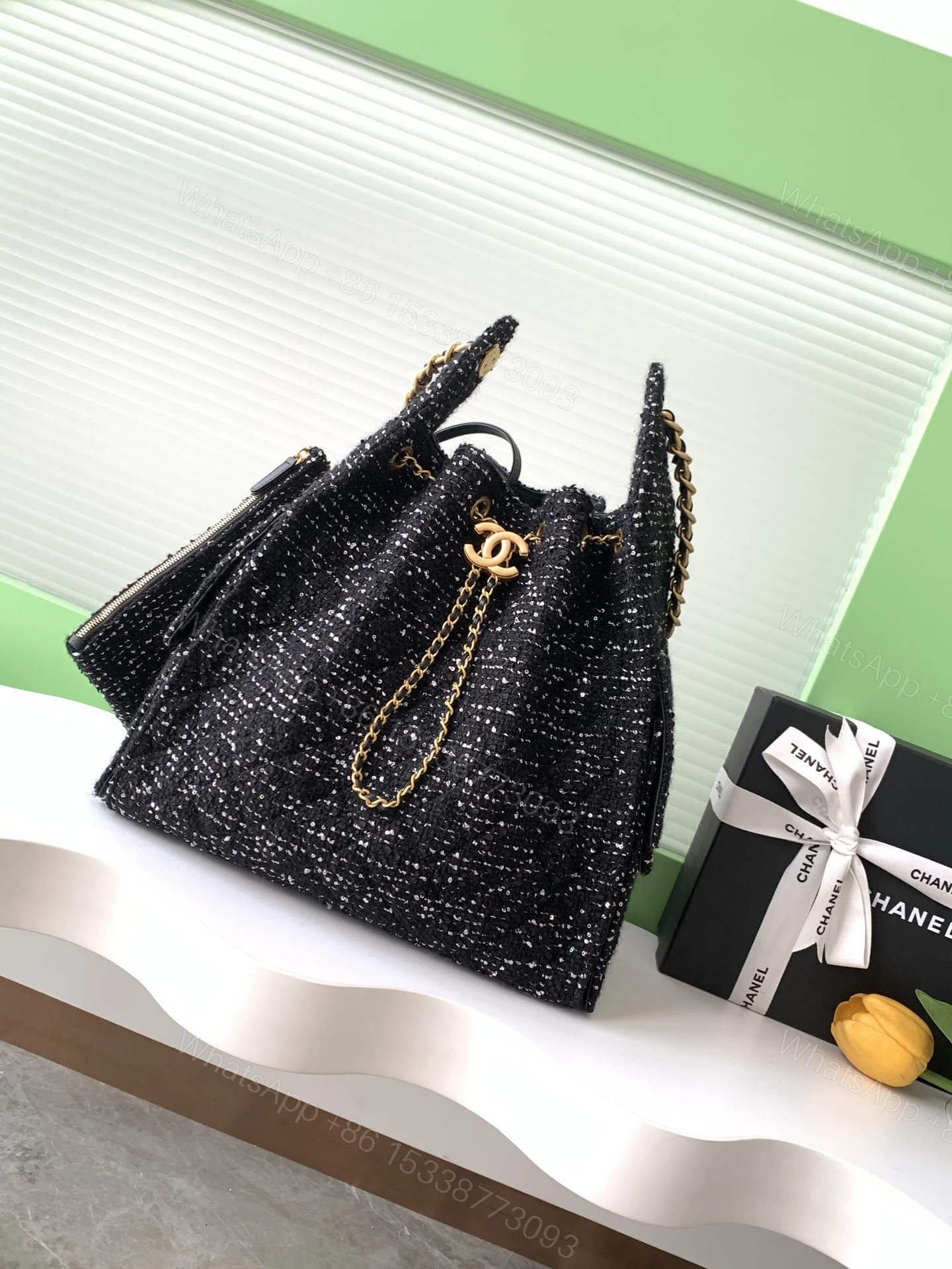 Chanel A貨黑色亮片束口包 女士鏈條肩背包 菱格立體設計2025新款 — view 1