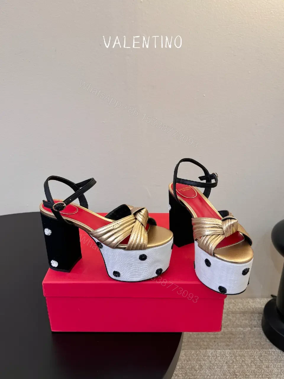 View 3 of Gold Satin Platform Sandal Valentino Style Clutch Block Heel