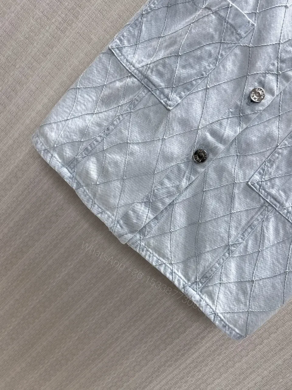 View 2 of Light blue quilted denim dress with diamond pattern, button-front, premium everyday luxury