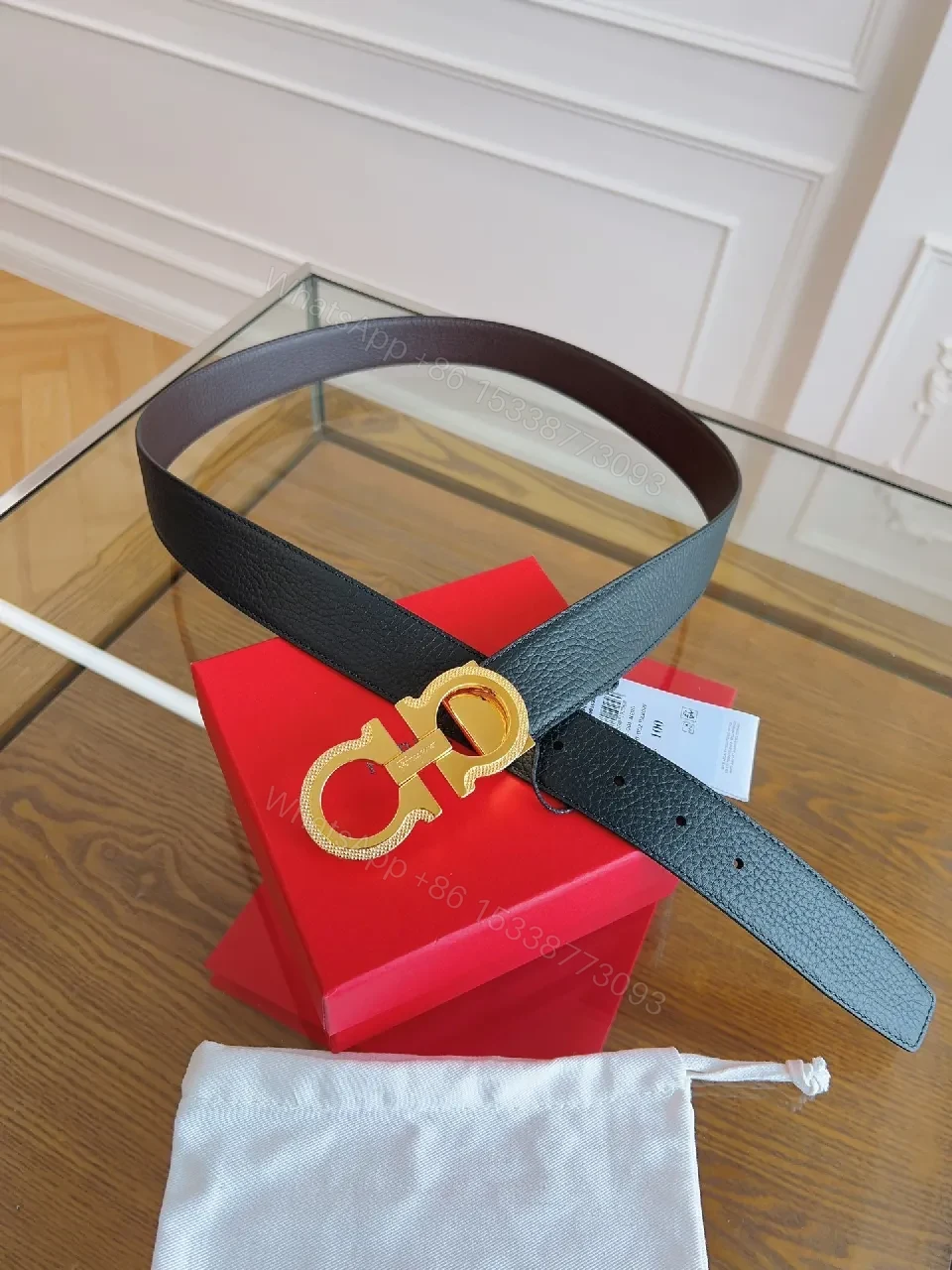 View 7 of Black Leather Belt with Gold Gancini Clasp, Luxe Classic Style, Adjustable