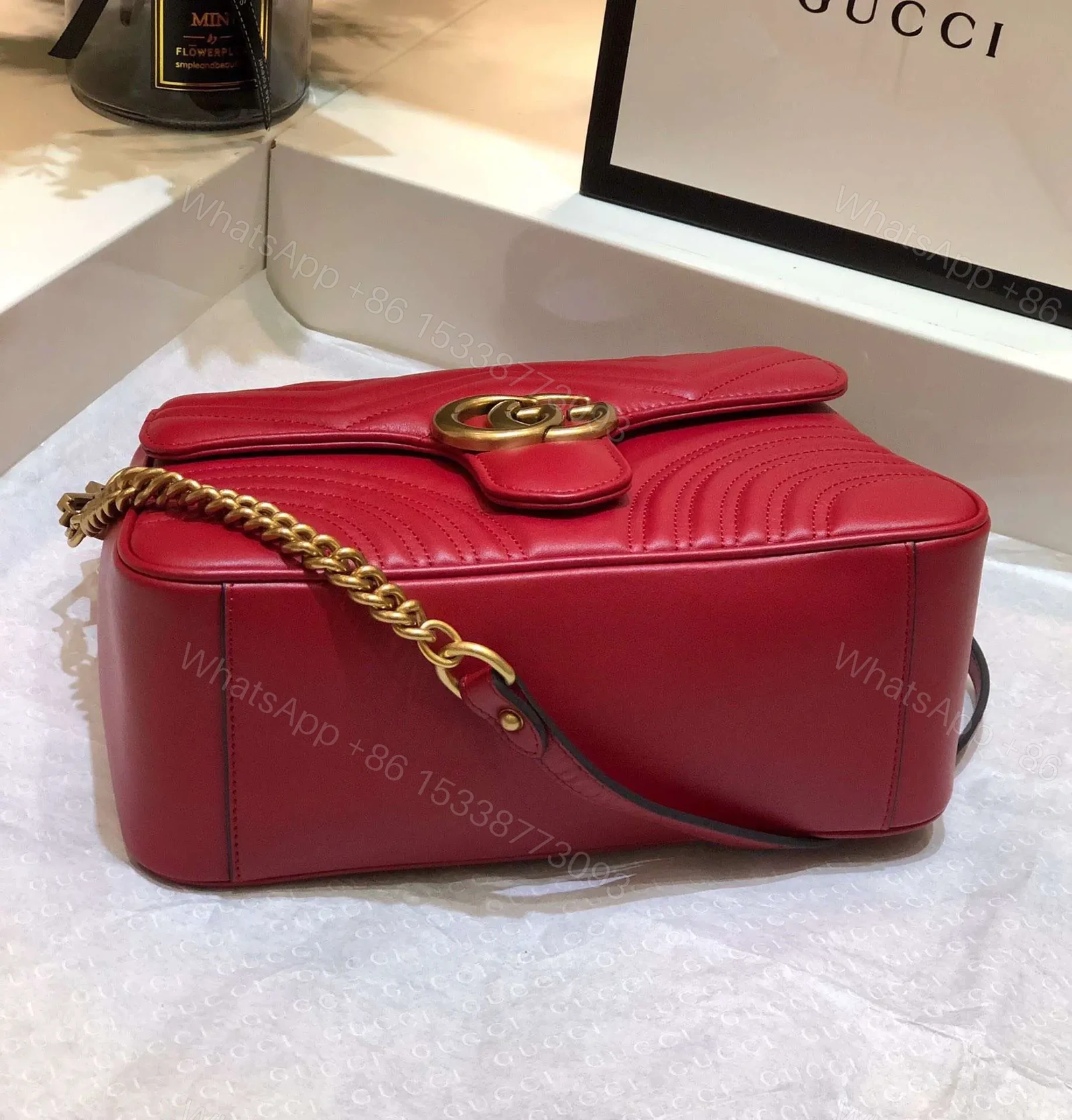 View 3 of Gucci Marmont Top Handle Like Auth Women’s Handbag Red 27cm