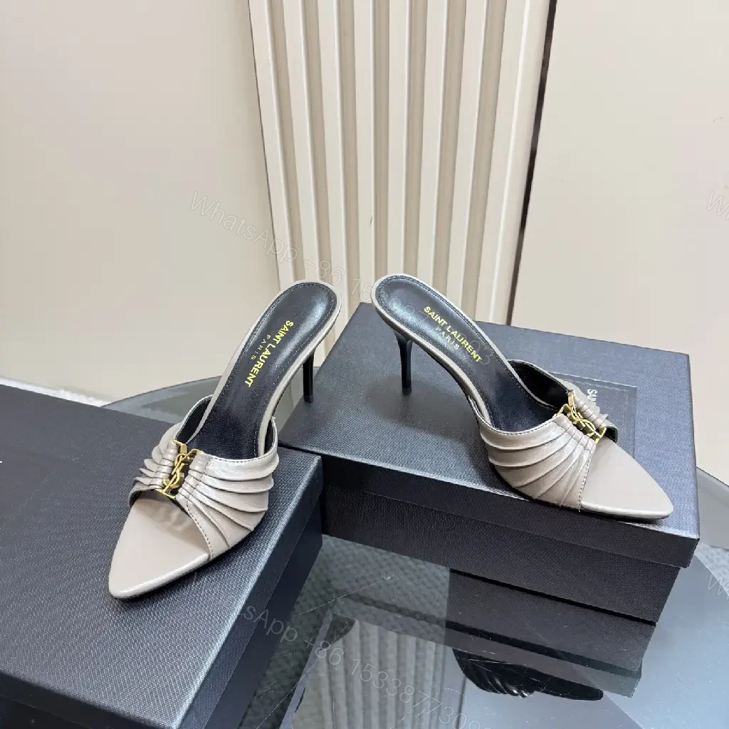 Taupe Leather Pleated Mules: Slim Stiletto Comfort — view 1