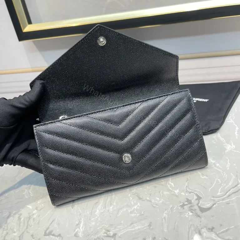 View 5 of Pebbled Leather Envelope Wallet - YSL Hardware, Black, Luxury Style