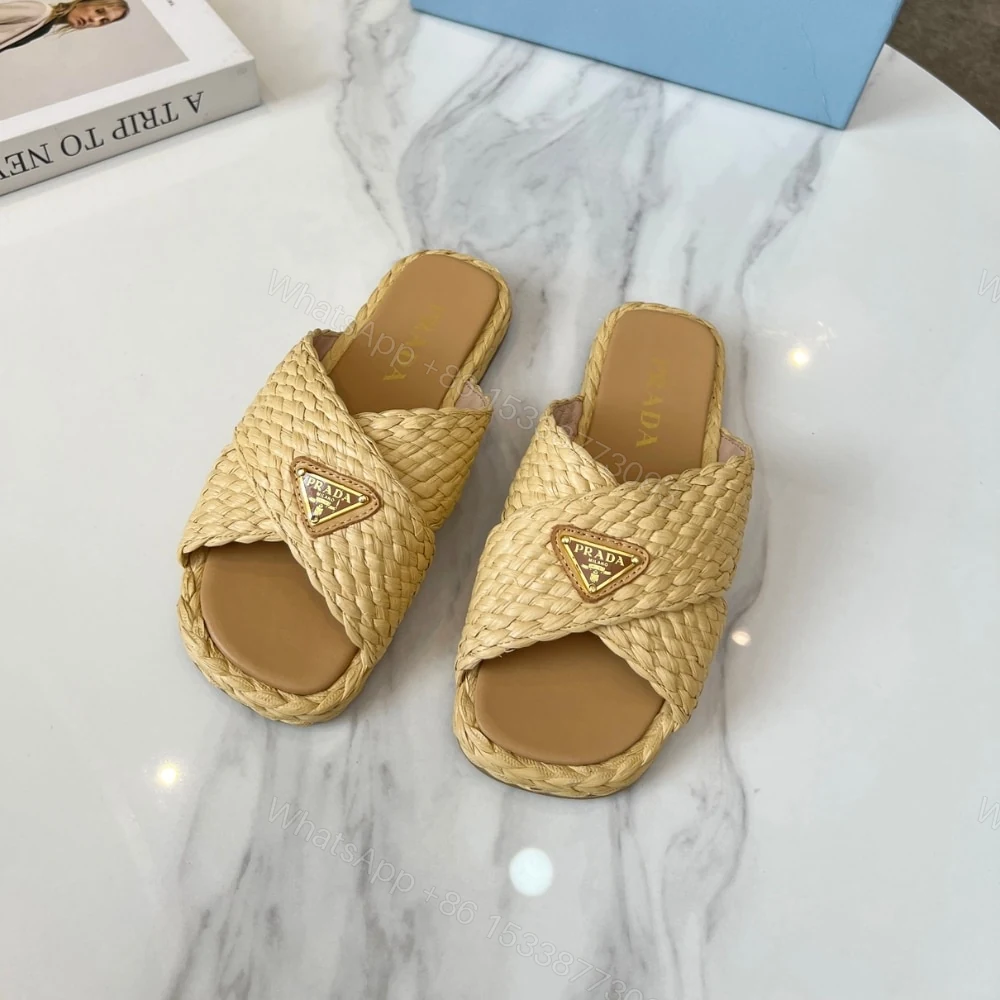 View 2 of PRADA RAFFIA CRISSCROSS SLIDES NATURAL