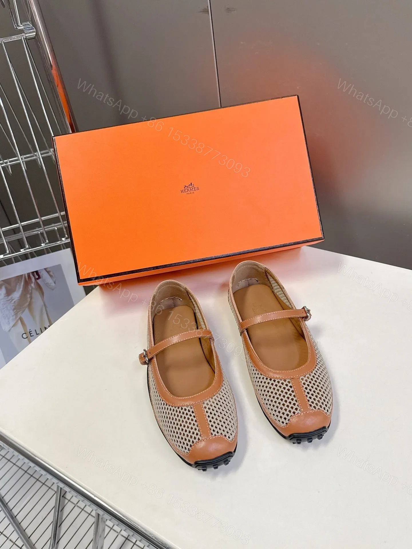 Hermes Women Beige Leather Mesh Mary Jane Flats — view 1