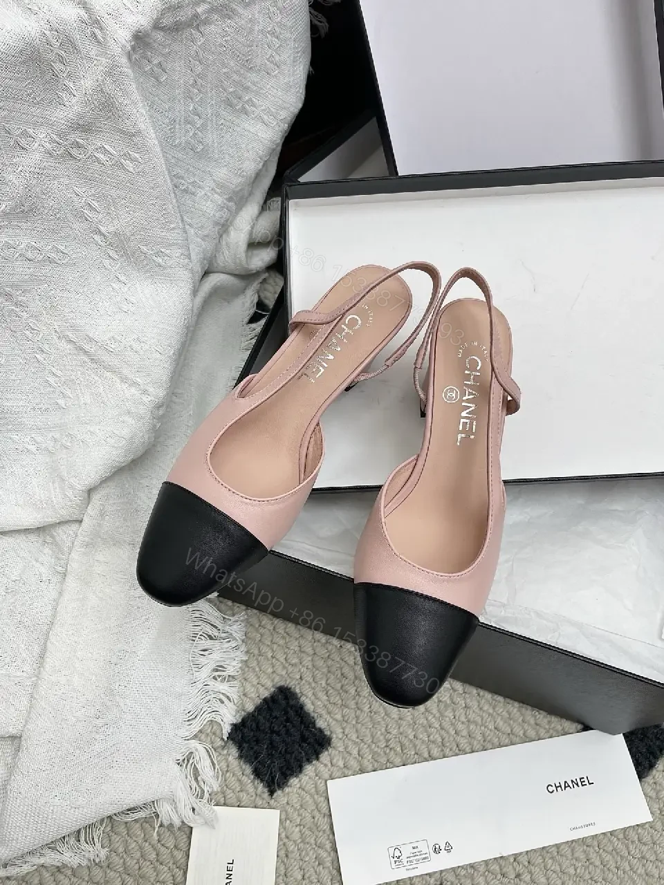 View 2 of Pastel Pink & Black Cap-Toe Slingback Pumps - Elegant, All-Day Comfort