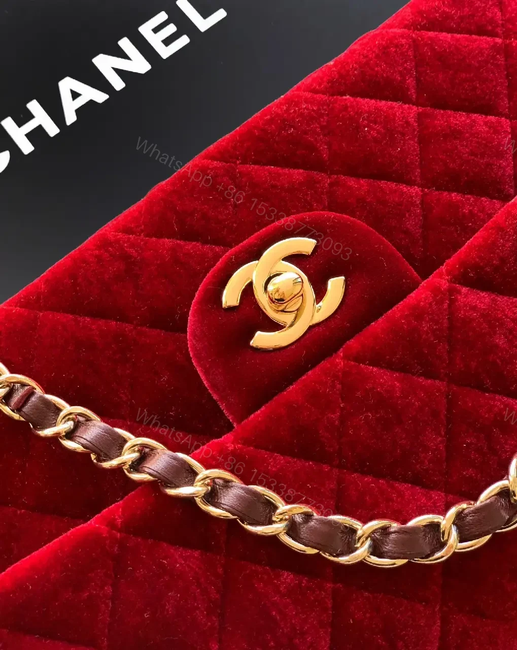 View 5 of Rich Velvet Red Flap Bag with Gold Chain Embellishment