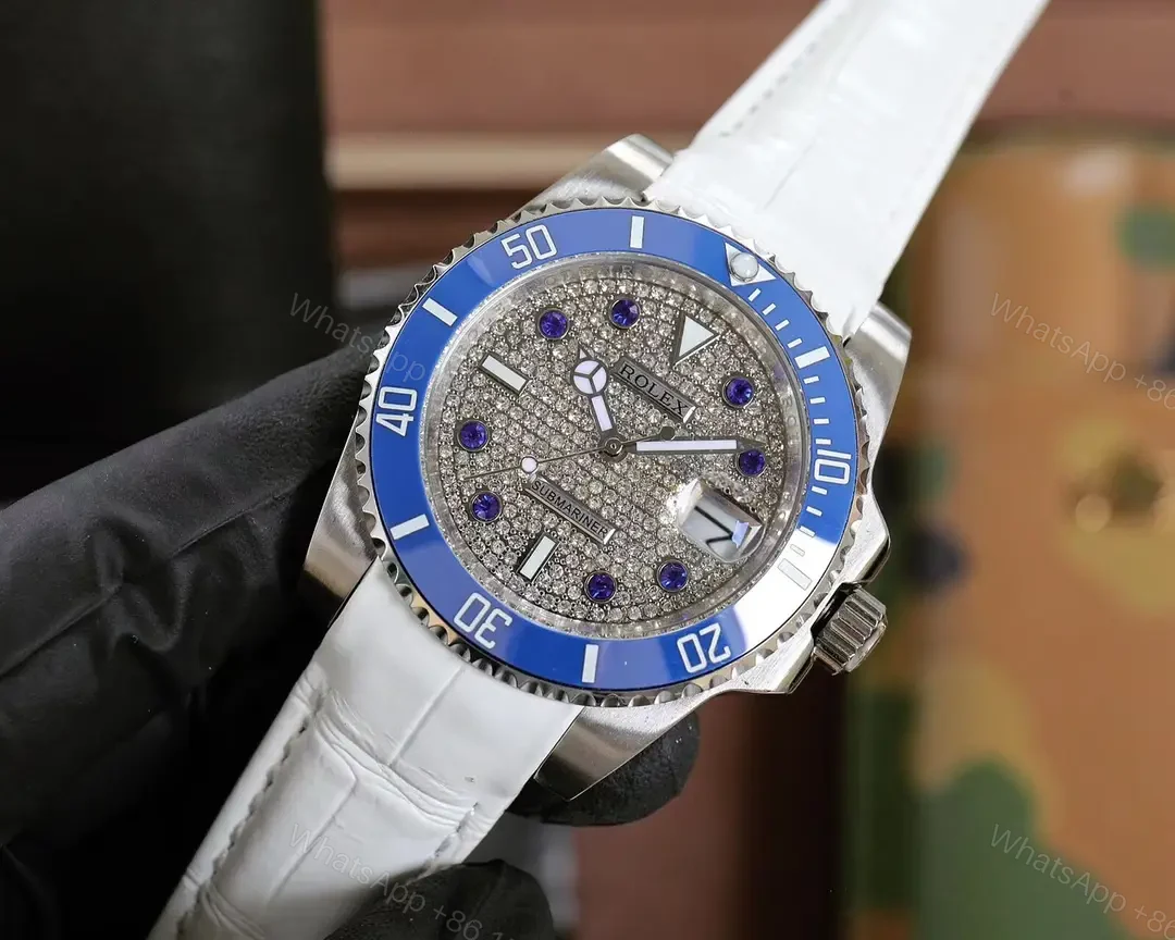 View 2 of Best Rolex Submariner Blue Leather Strap replica 40MM Pave Dial Edition RG-SUBMARINER-BLUE-LEATHER-PAVE-40