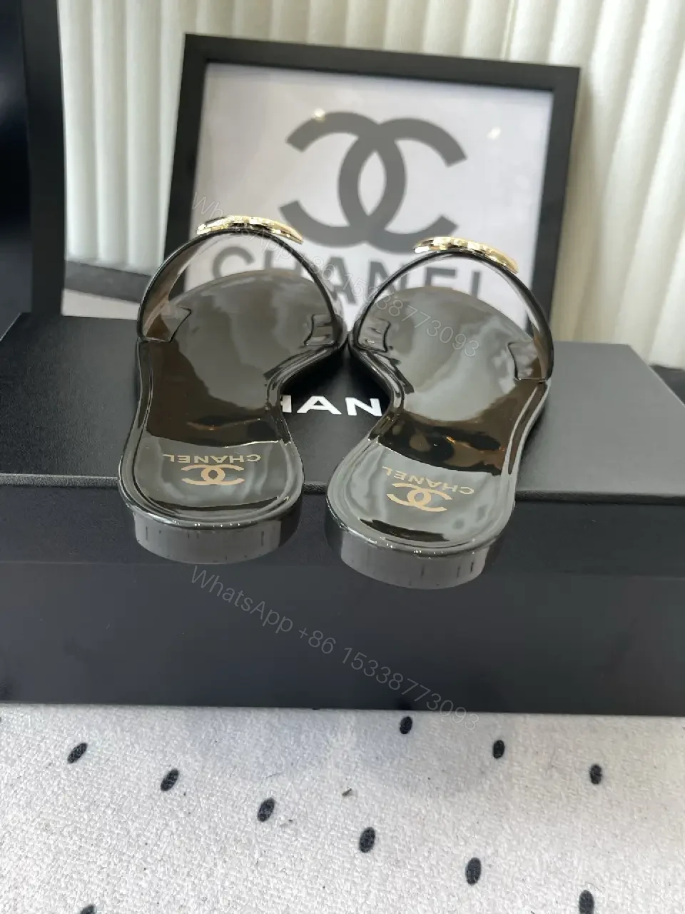 View 6 of Black Patent Leather Slides Gold Chanel Logo - Slide Sandals