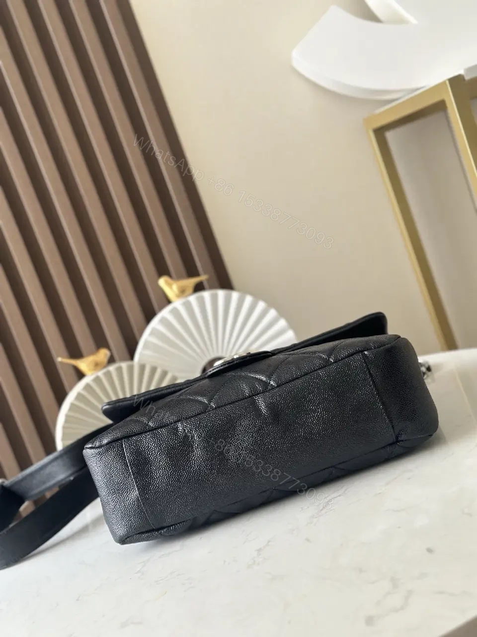 View 5 of Quilted Black Leather Satchel with Silver Chain