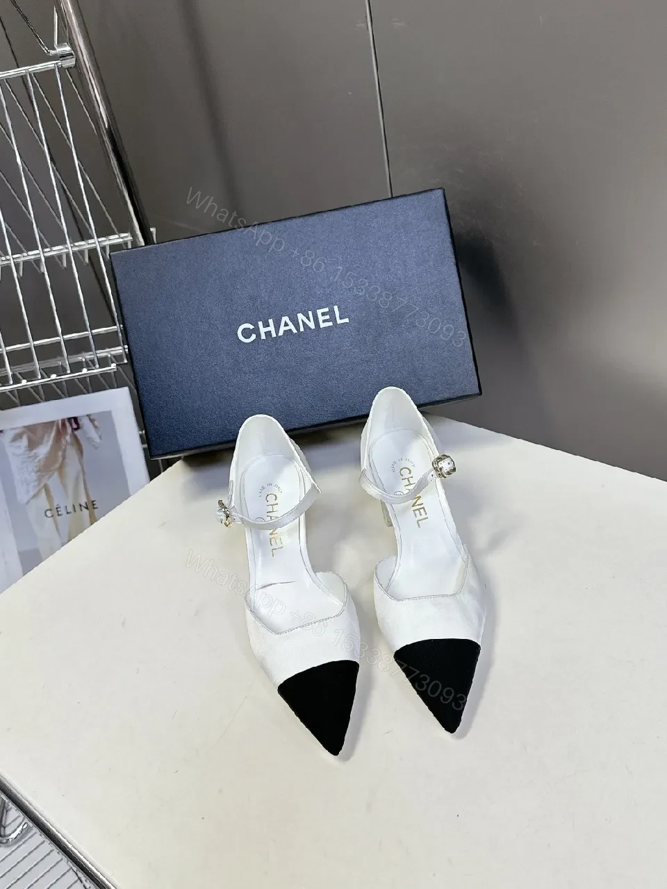 White & Black Pointed-Toe Heel with Ankle Strap - Designer-Inspired Luxe Heel — view 1