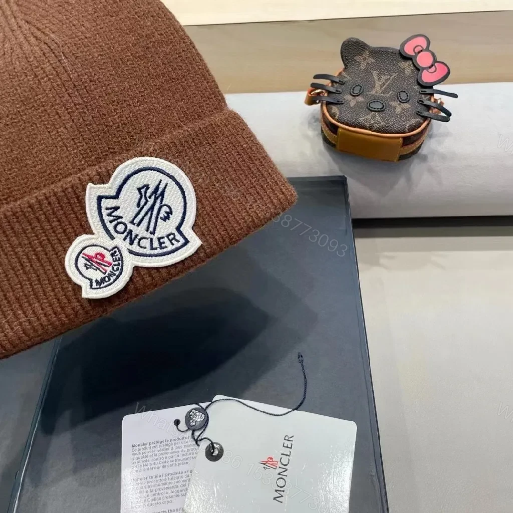 View 3 of Cocoa Ribbed Knit Beanie - Luxury Moncler-Inspired Patch Vestment
