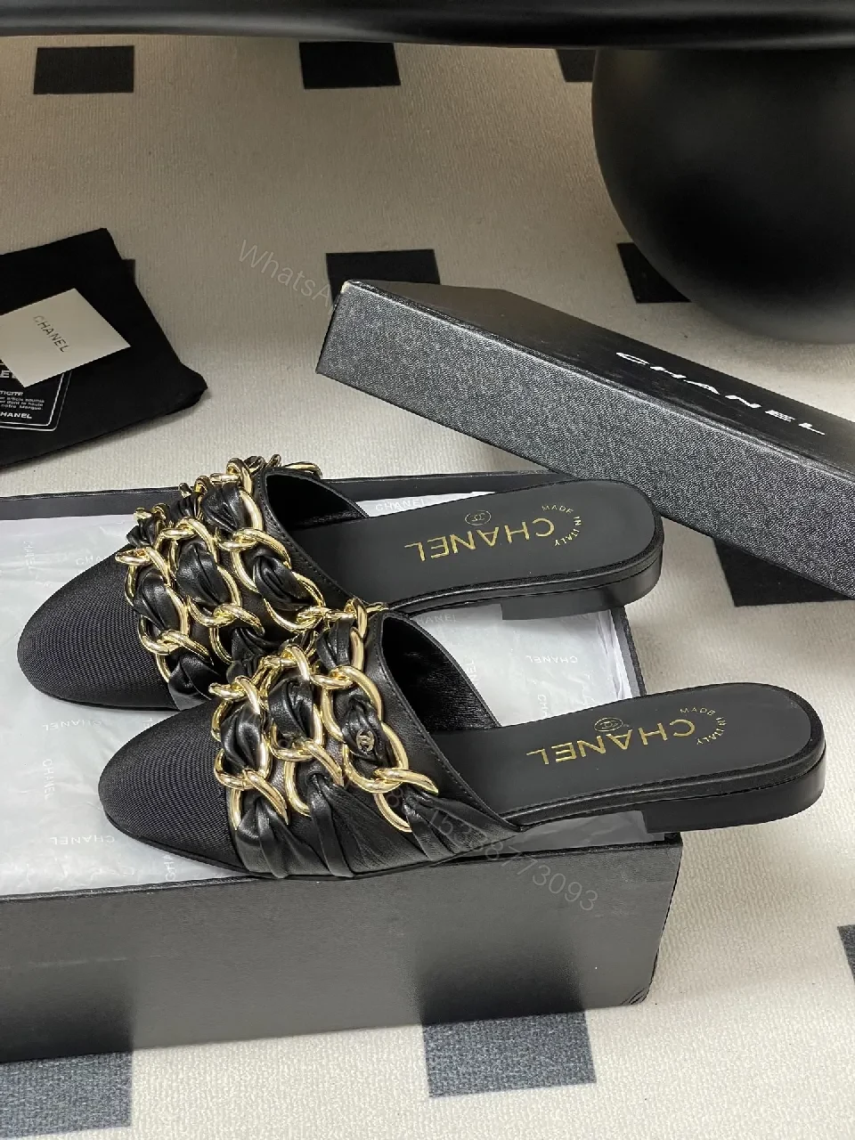 View 7 of Black Satin Mules with Gold Chain Detail - Opulent Everyday Style