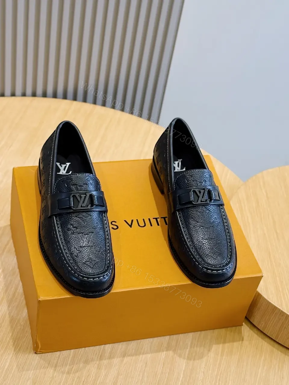 View 3 of Black Leather Moccasin Loafers with LV Buckle, Casual Style, Men’s Shoes