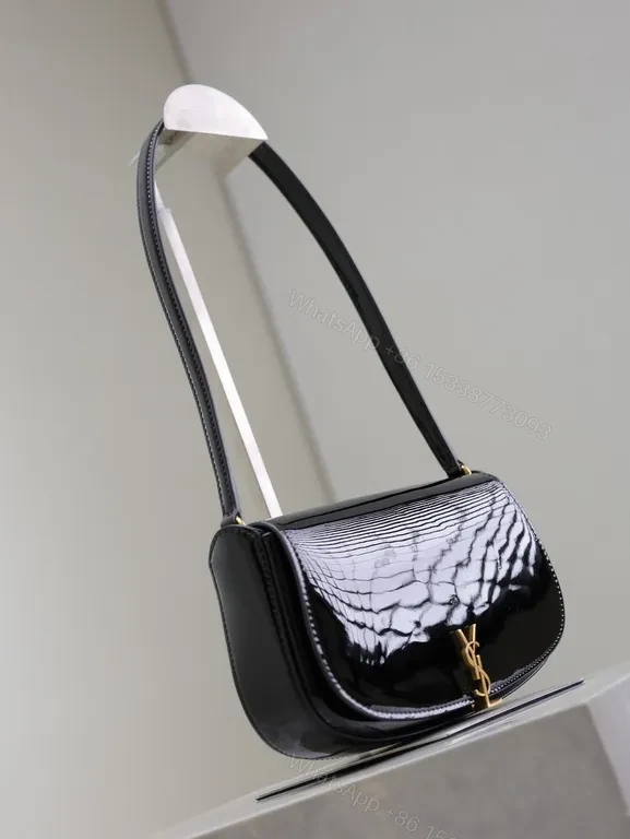 View 7 of Glossy Black Patent Crossbody Bag with YSL Hardware - Compact Luxury