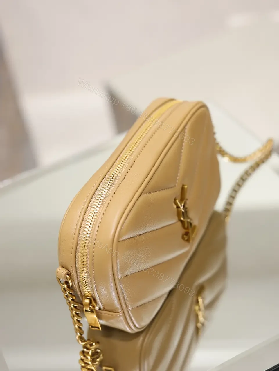 View 7 of Beige Leather Chevron Crossbody Bag with Gold YSL Logo