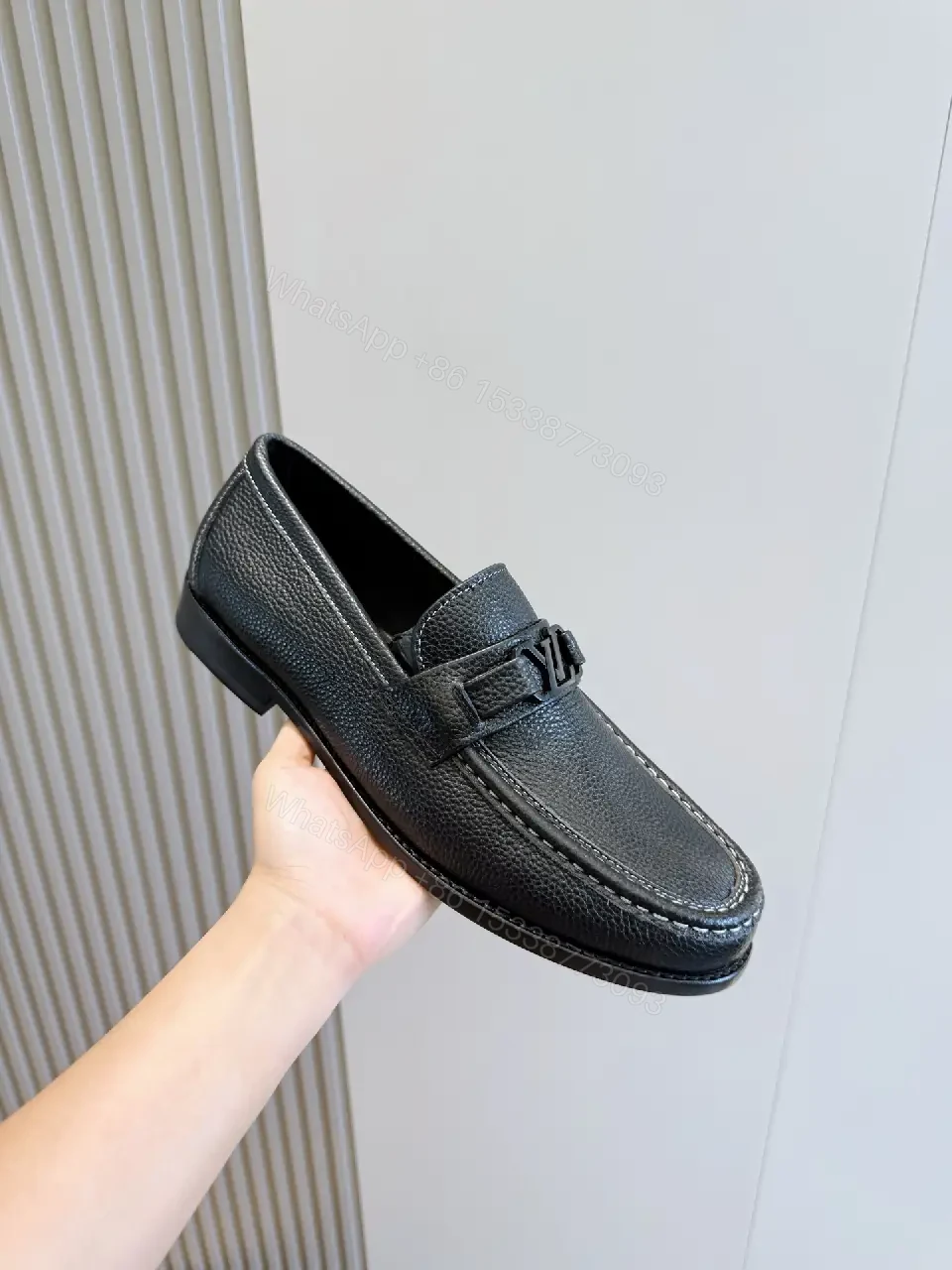 View 10 of Black Leather Loafers Louis-like Logo Comfort Slip-ons
