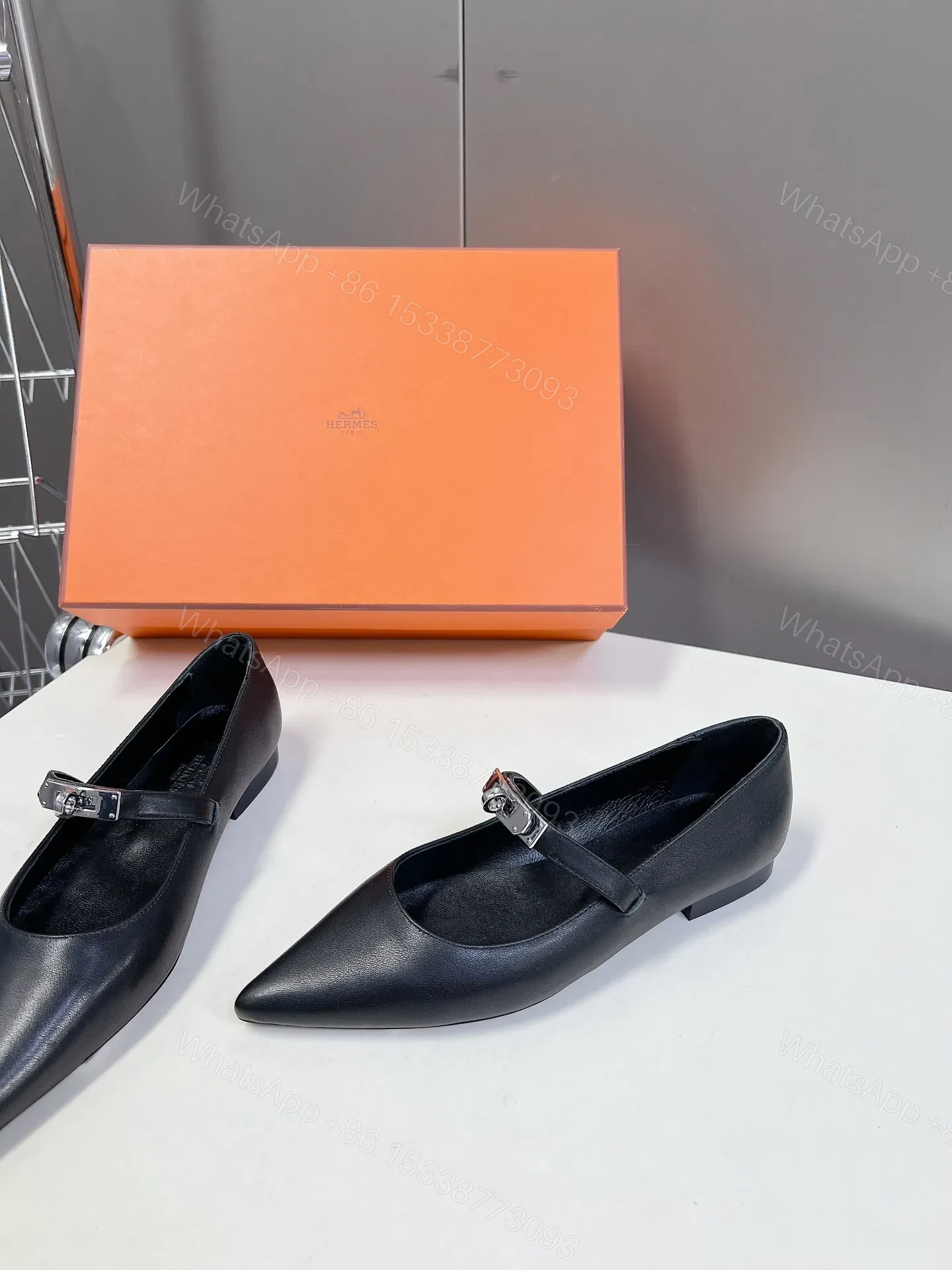View 4 of Hermes Women Black Leather Pointed Toe Flats