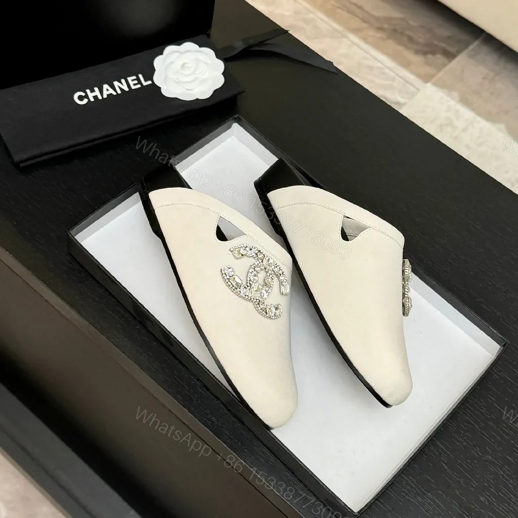 View 3 of Light-Gray Satin Mules with Crystal Emblem - Subtle Glamour