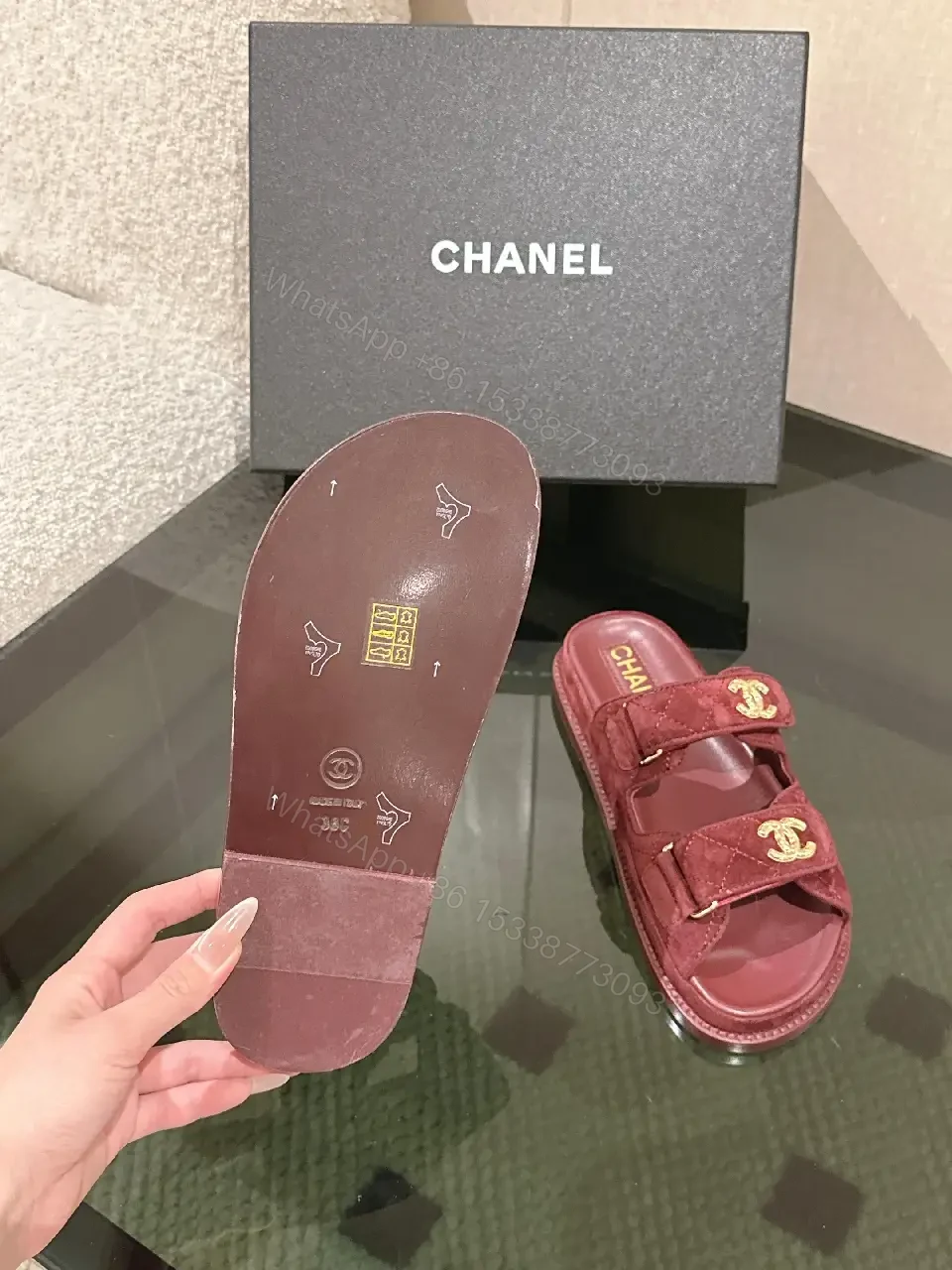 View 8 of Velvet Burgundy Slide Sandals – Luxe Comfort, Gold Hardware