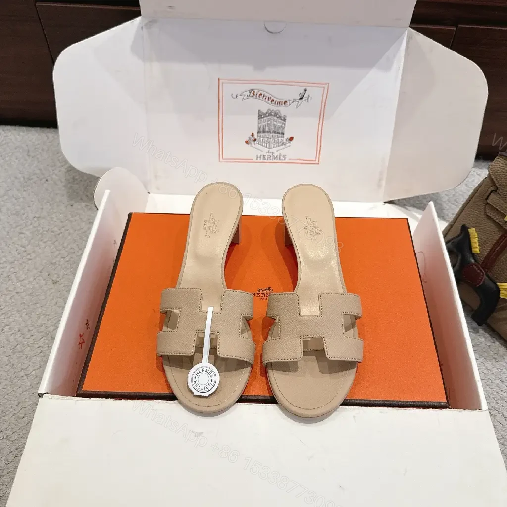 View 6 of Beige Leather Slide Sandals Hermès Style Comfort Shoes