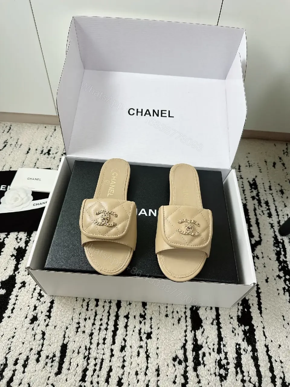 View 8 of Neutral Beige Leather Slides + Logo Accent, Modern Luxury Slide