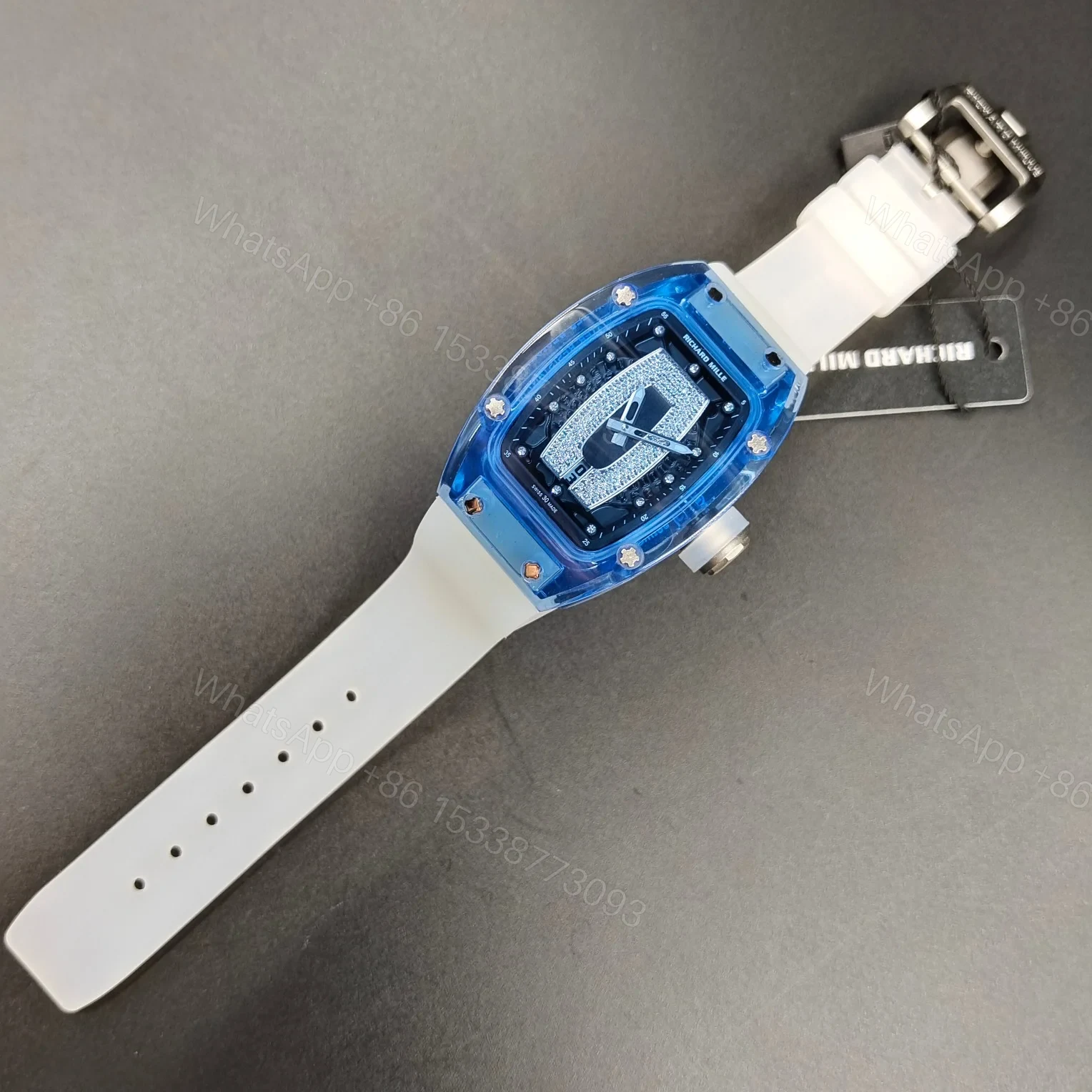 View 9 of Richard Mille RM07-02 Gemset Sapphire Automatic Watch Blue Sapphire Case White Strap CRMA5 Movement Premium Edition RM-RM07-02-GS-BLU-WHT
