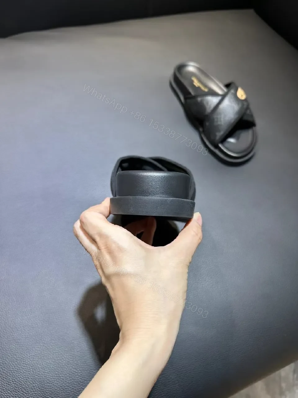 View 6 of Black Monogram-Texture Cross-Over Slides: All-Day Comfort