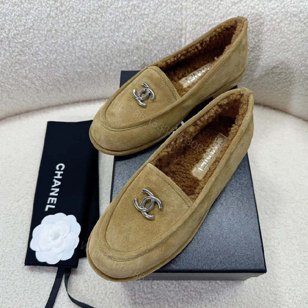 Cozy-Camel Suede Shearling Mules with Logo — view 1